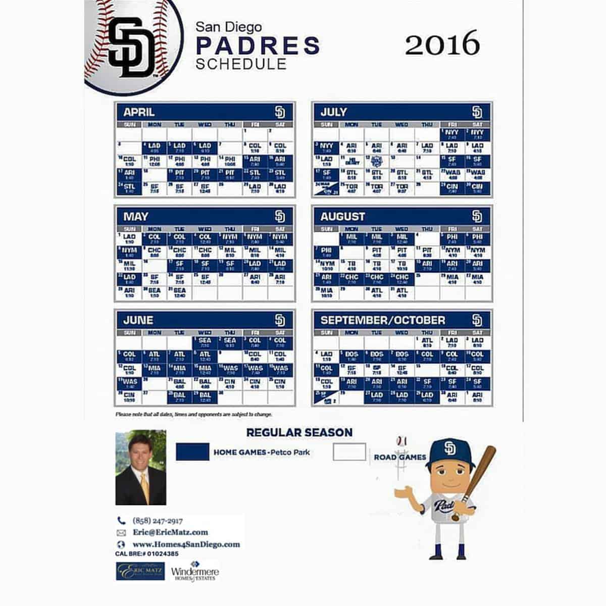 Go Padres! Your 2016 San Diego Padres Schedule – Eric Matz Real Estate Team